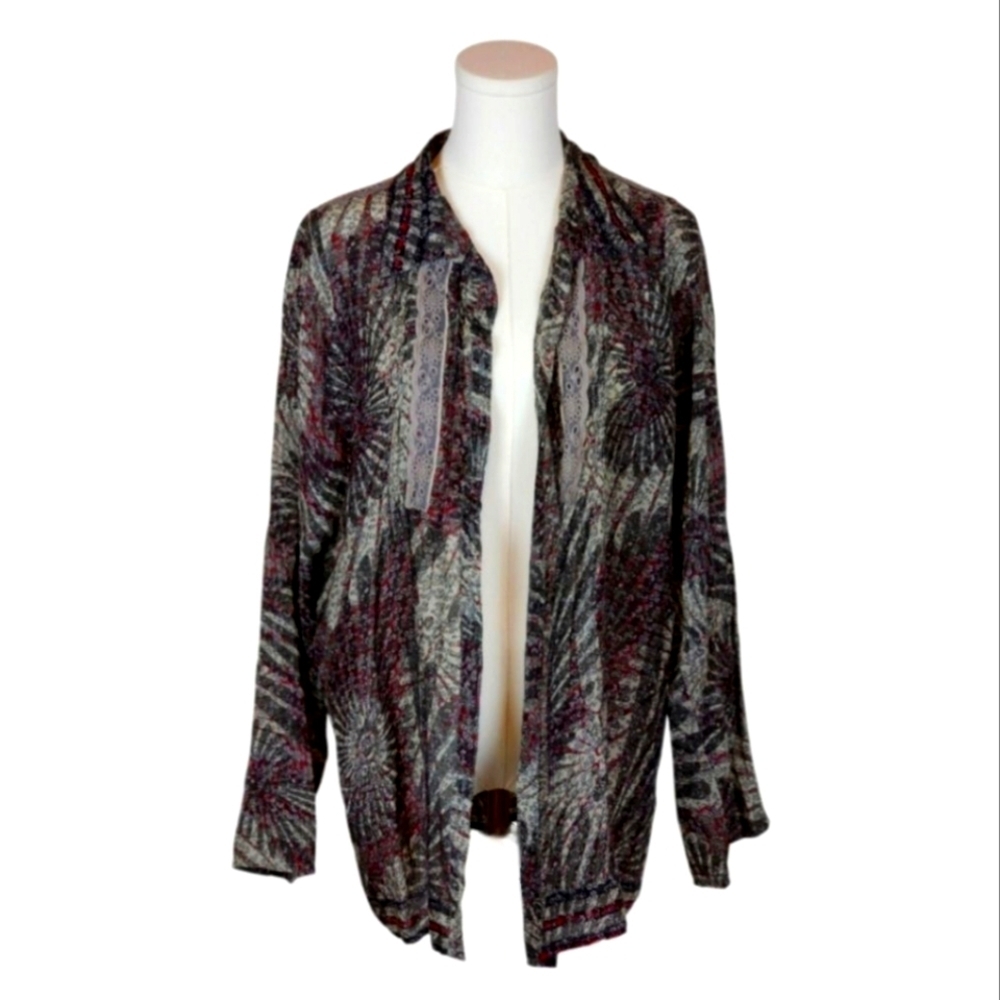 Boho Chic Flowy Shirt With Johnny Was Vibes Black Gray Red Print No Tag